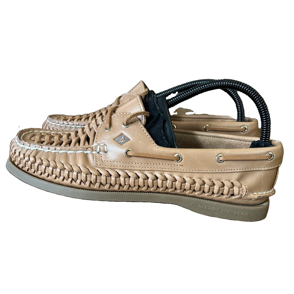 Sperry Women's 2 Eye Woven Boat Shoes Tan Woven Leather Loafers Size 8.5